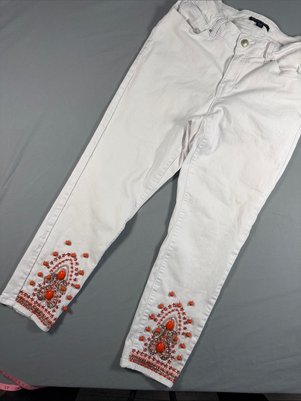 Boston Proper White Beaded Orange Stone Embellished Stretch Ankle Jeans Size 12 - Picture 6 of 10